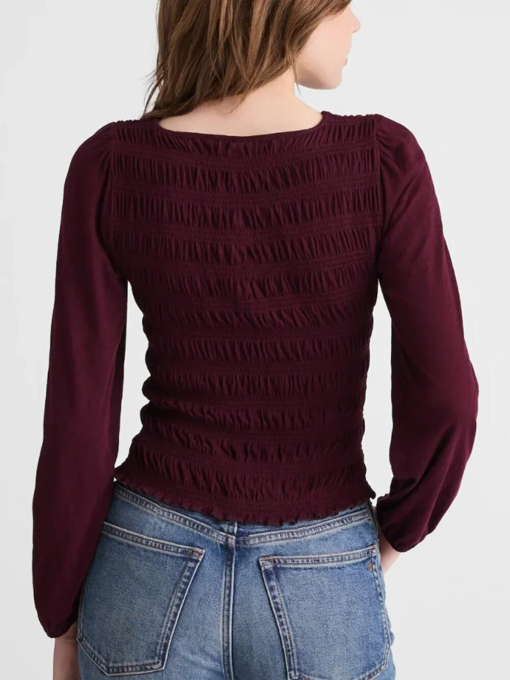 Madewell Smocked Cotton Boatneck Puff Sleeves Slim Fit Top Burgundy Size M NWT